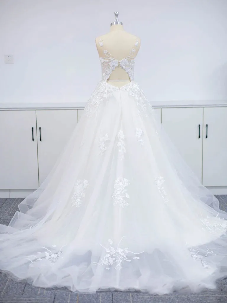 A-line  Ivory Tulle Lace Appliqued Wedding Dress