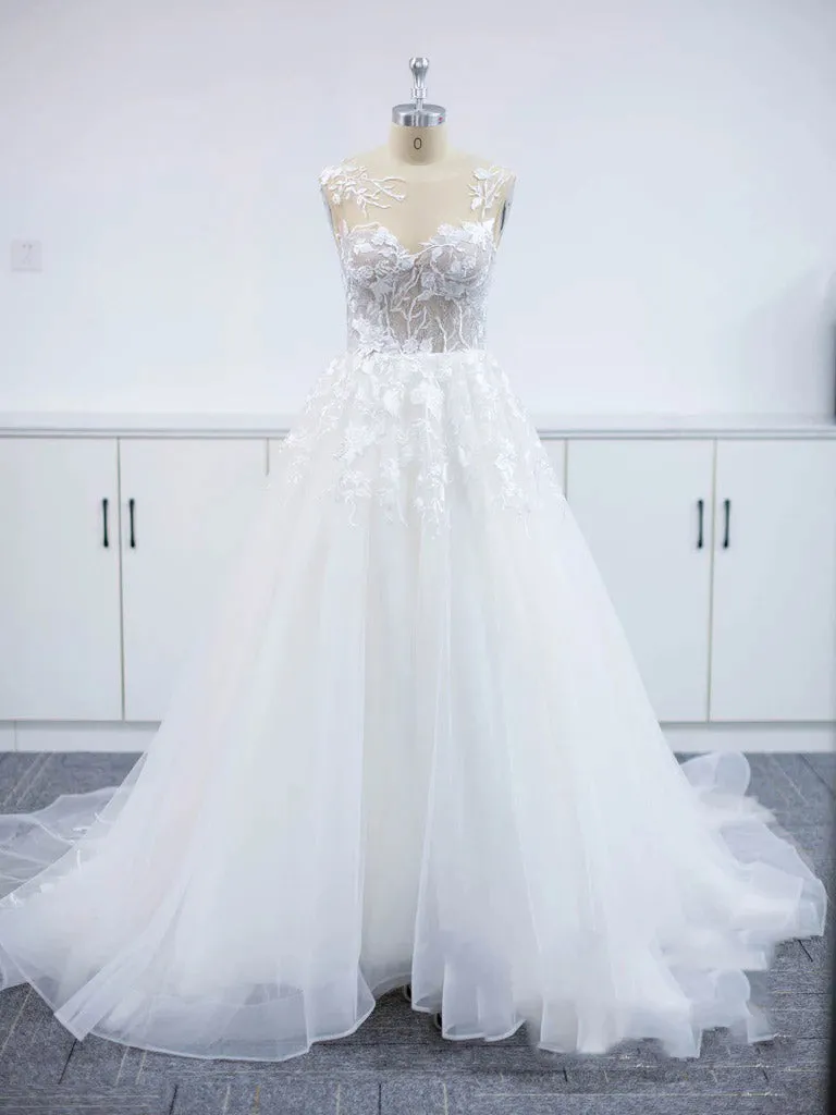 A-line  Ivory Tulle Lace Appliqued Wedding Dress