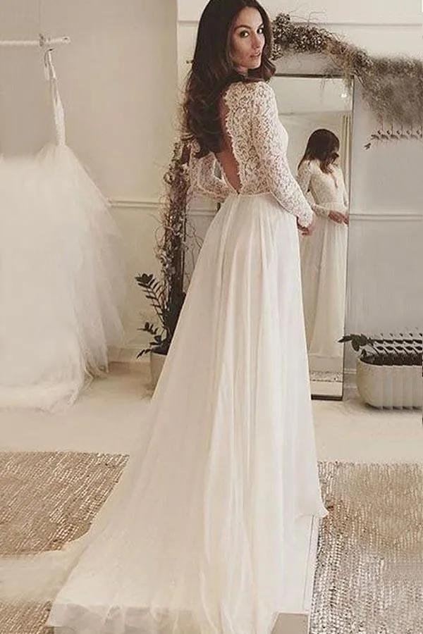 A Line Long Sleeve Ivory Chiffon Wedding Dress With Lace Top