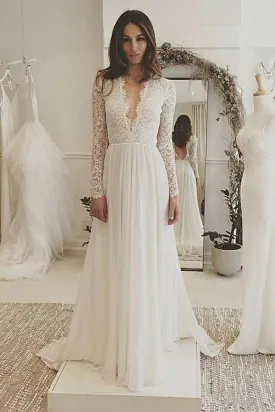 A Line Long Sleeve Ivory Chiffon Wedding Dress With Lace Top
