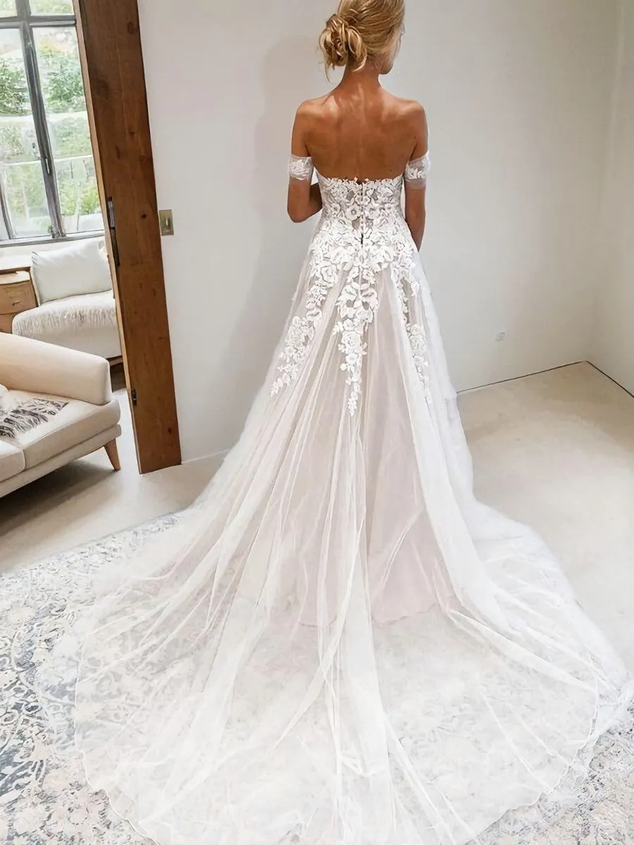A-Line Off-the-Shoulder Cathedral Train Tulle Wedding Dresses With Appliques Lace