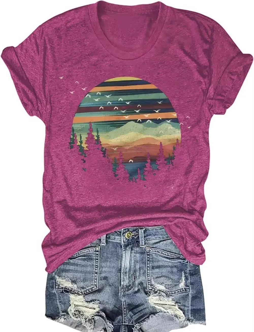 Adventure Awaits Outdoor Graphic T Shirt Women Retro Colorful Print Tees Hike Mountain Nature Travel Shirt Workout Tops