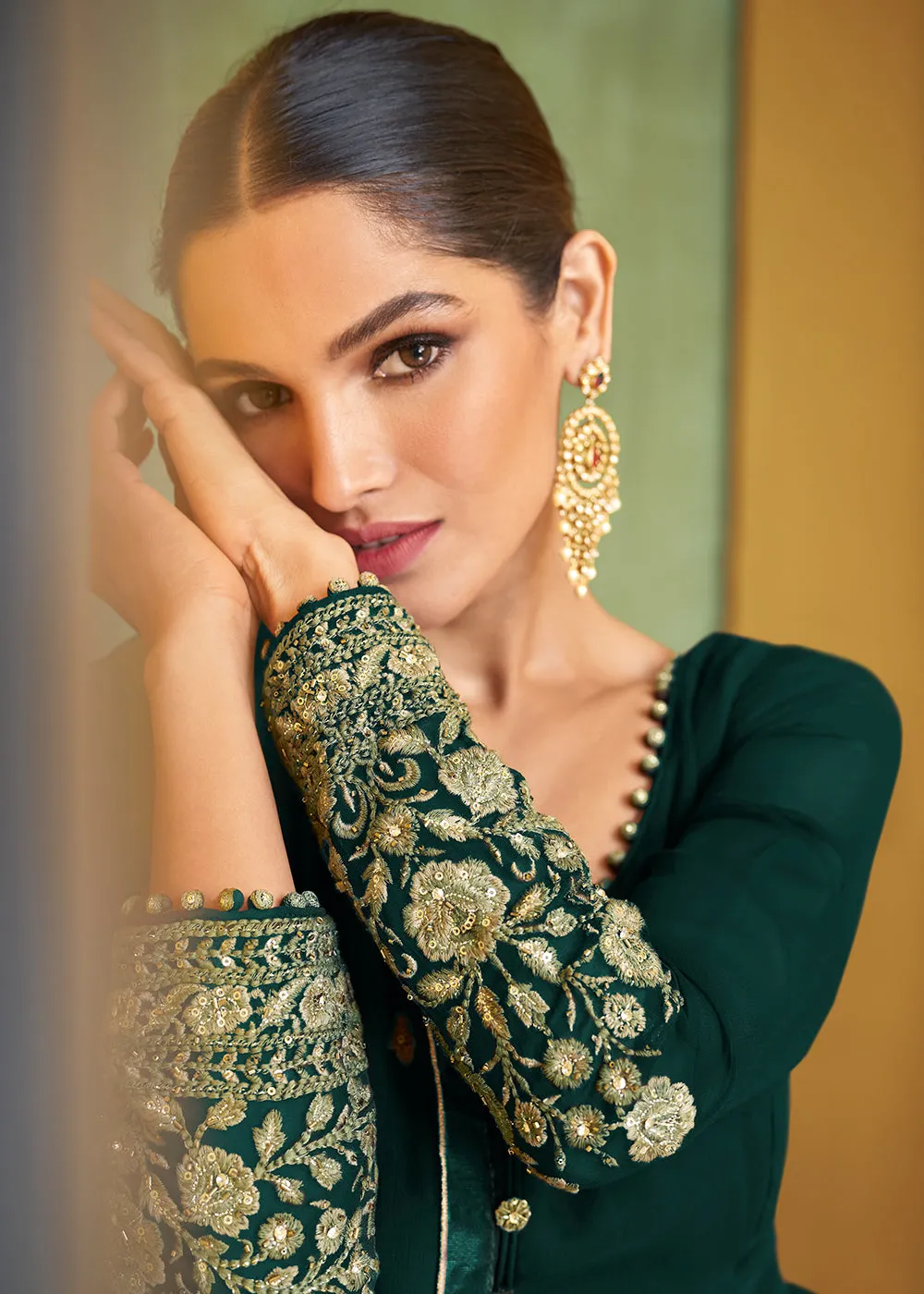 Appealing Bottle Green Wedding Embroidered Bridal Anarkali Gown
