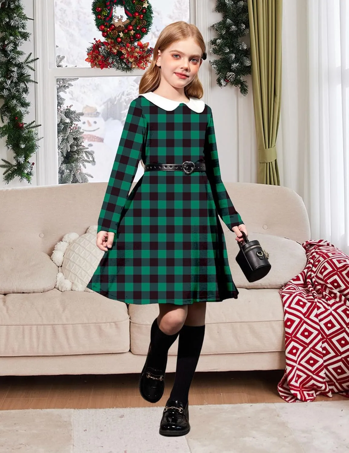 Arshiner Girls Long Sleeve Dress Casual Vintage Peter Pan Collar Swing Party Dress Age 3-14 Years