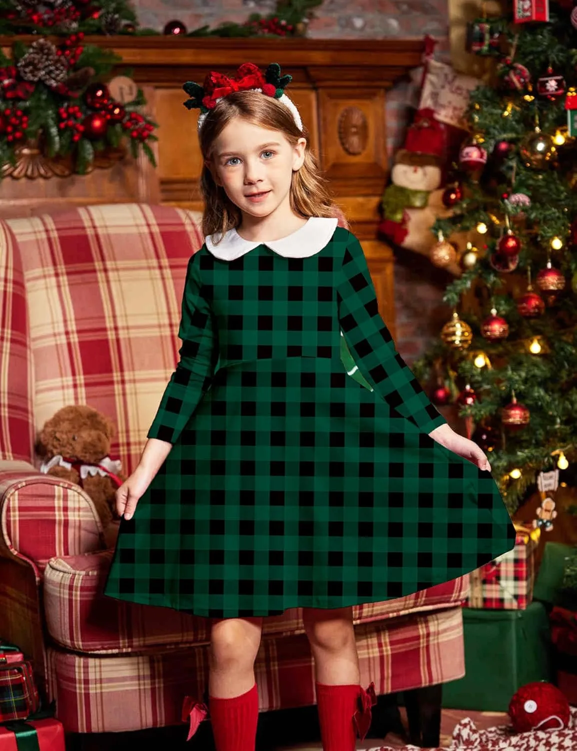 Arshiner Girls Long Sleeve Dress Casual Vintage Peter Pan Collar Swing Party Dress Age 3-14 Years