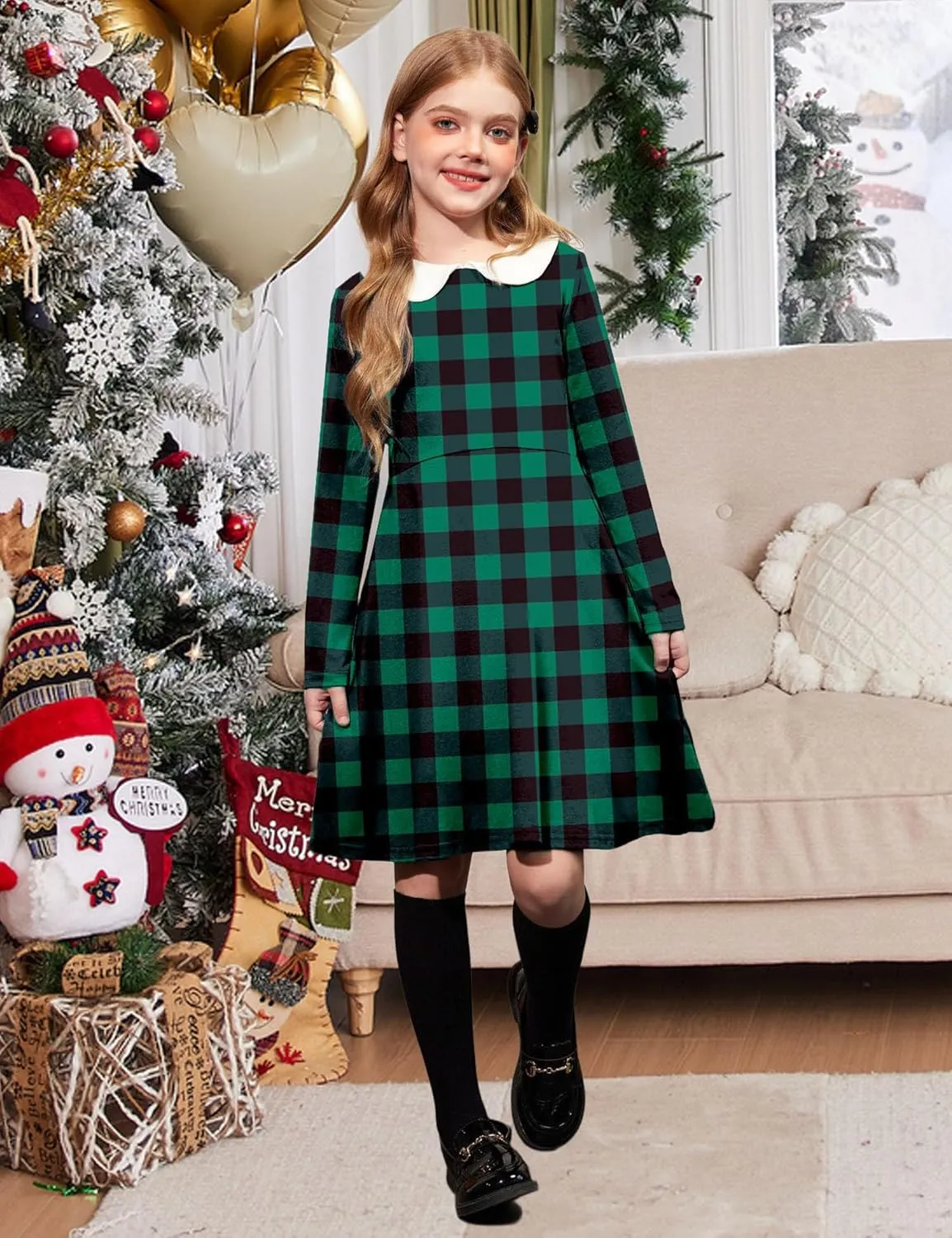 Arshiner Girls Long Sleeve Dress Casual Vintage Peter Pan Collar Swing Party Dress Age 3-14 Years