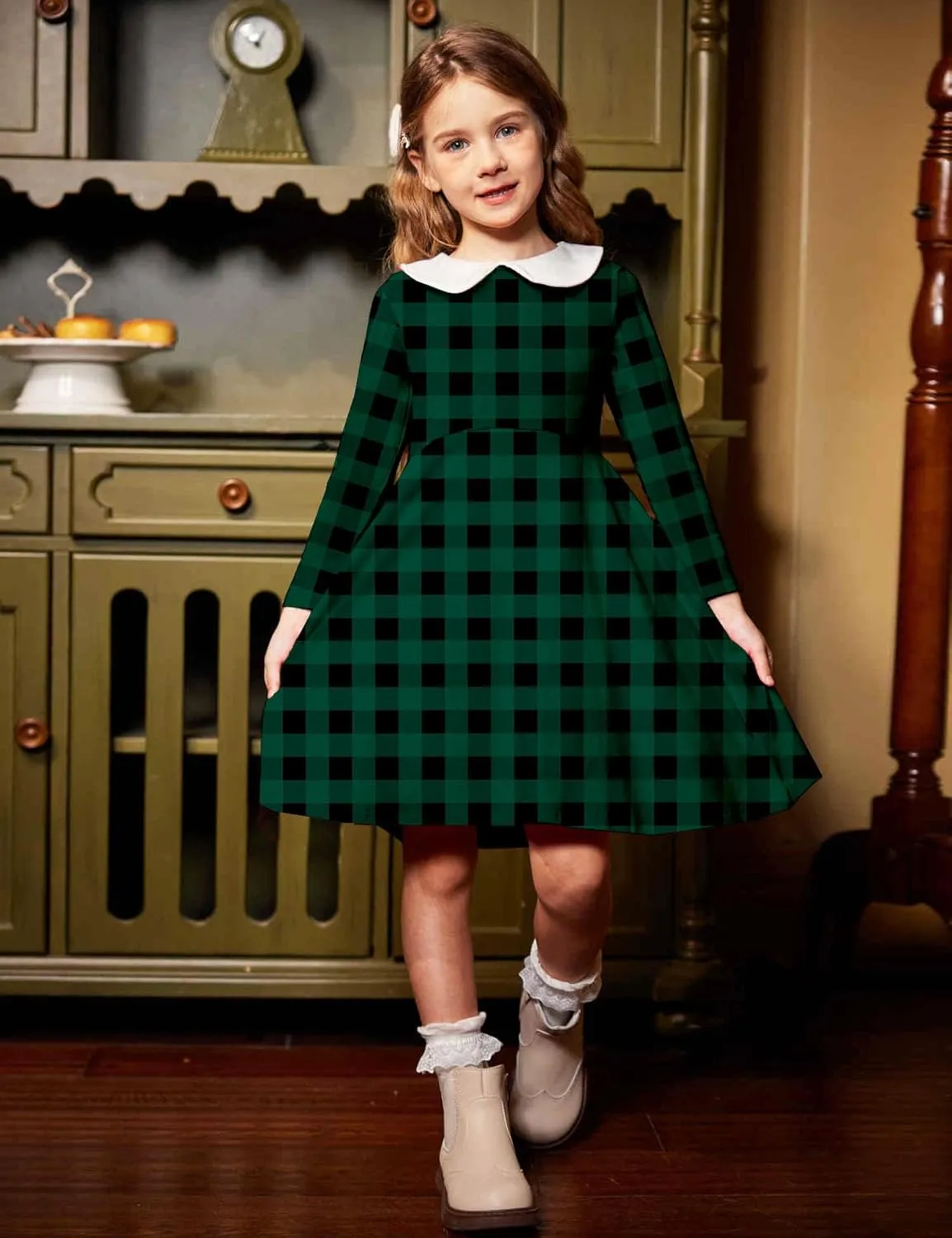 Arshiner Girls Long Sleeve Dress Casual Vintage Peter Pan Collar Swing Party Dress Age 3-14 Years