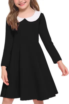 Arshiner Girls Long Sleeve Dress Casual Vintage Peter Pan Collar Swing Party Dress Age 3-14 Years