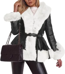 Aurgelmir Women's Faux Leather Jacket Coat Short/Long Parka Coat with Fur Collar Outwear