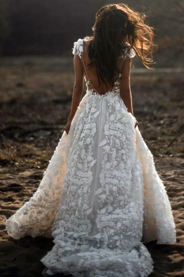 Cap Sleeve Ivory A-line Beach Weding Dresses Lace Appliqued Bridal Gowns