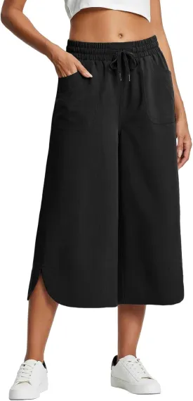Capri Pants for Women Summer Loose High Waisted Drawstring Wide Leg Pant Casual Split Palazzo Trousers with Pockets