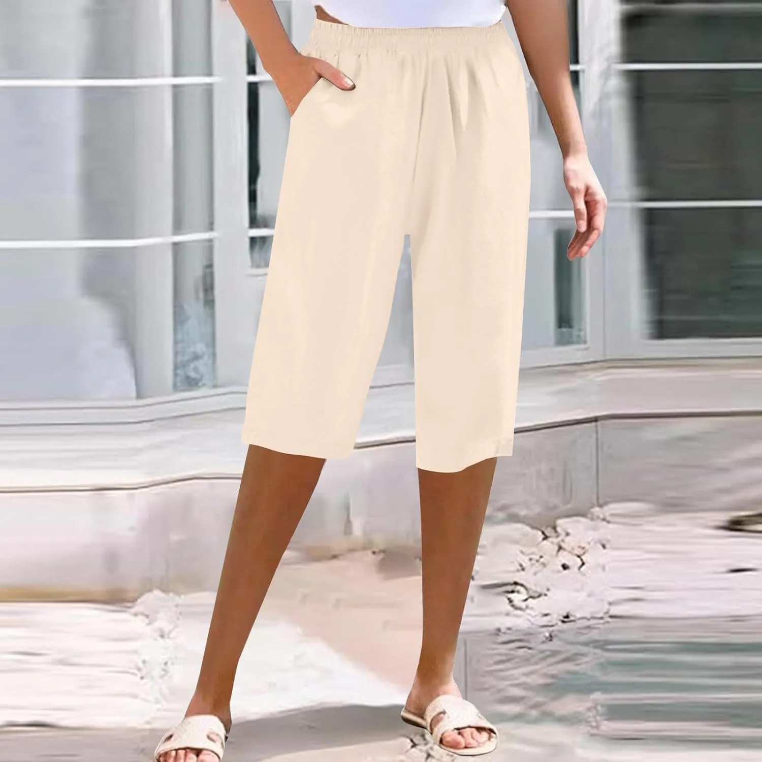 Capri Pants for Women Wide Leg Yoga Cropped Pants Loose Comfy Workout Capris Sweatpants Long Shorts with Pockets