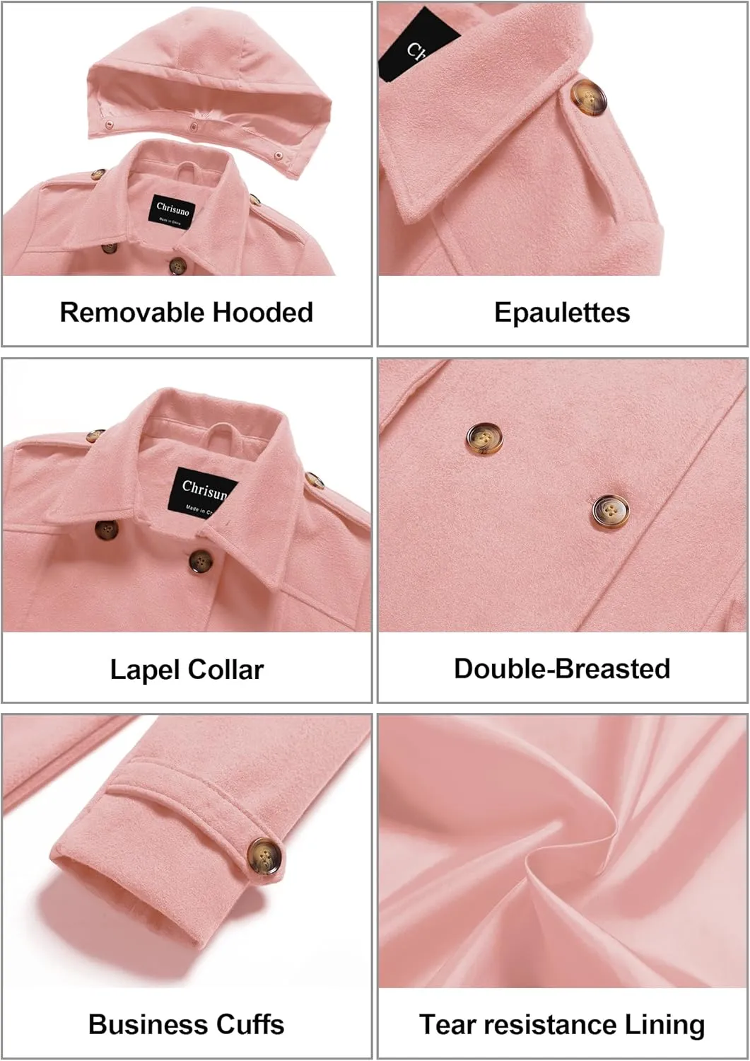 Chrisuno Women's Double Breasted Pea Coat Hooded Long Winter Trench Coat