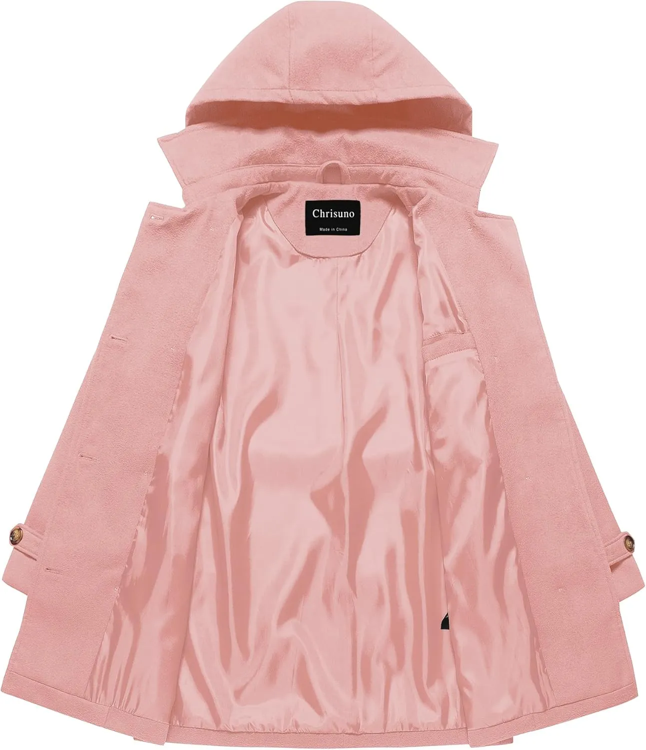 Chrisuno Women's Double Breasted Pea Coat Hooded Long Winter Trench Coat