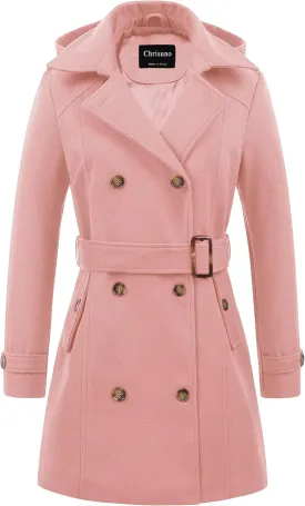 Chrisuno Women's Double Breasted Pea Coat Hooded Long Winter Trench Coat