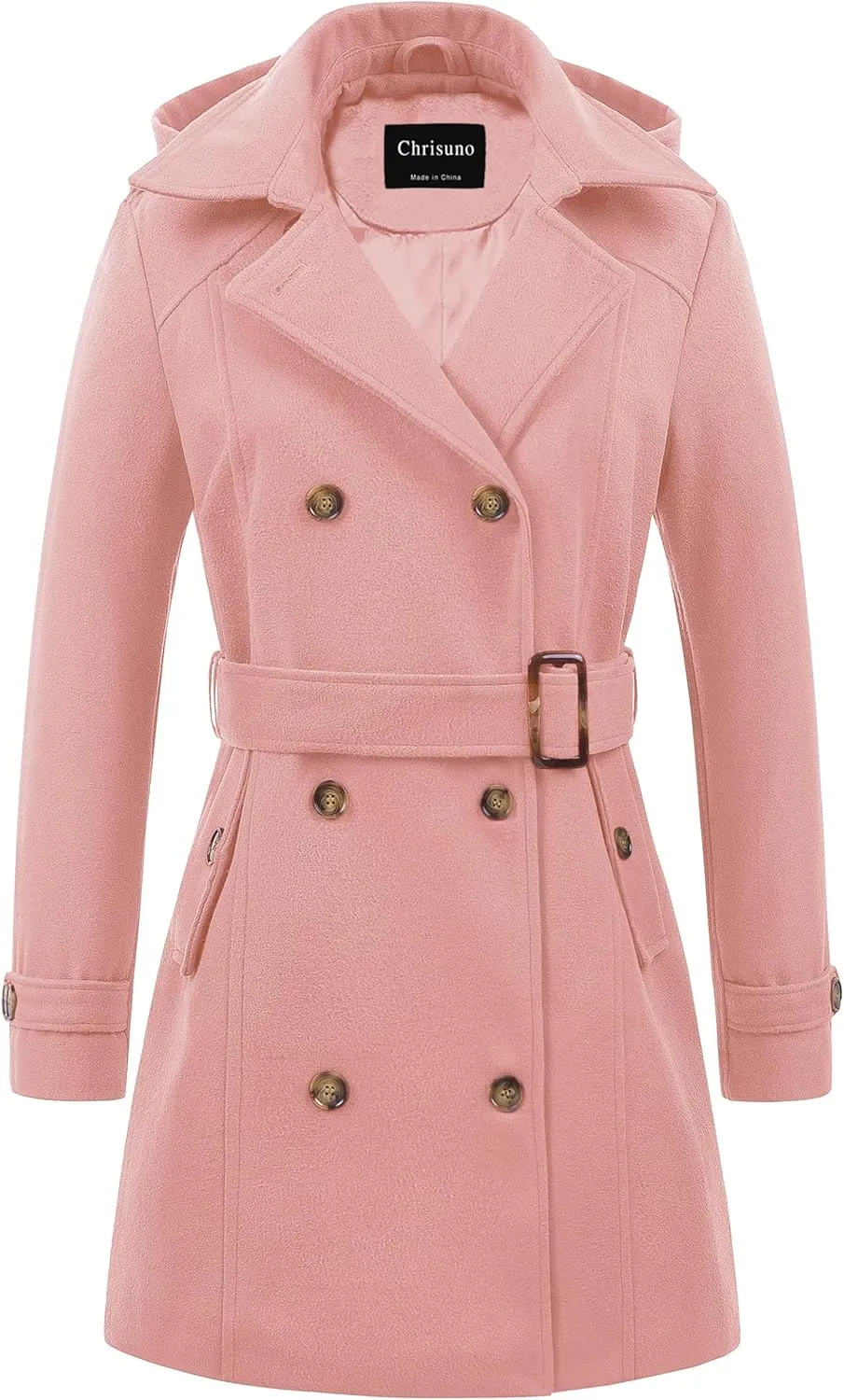 Chrisuno Women's Double Breasted Pea Coat Hooded Long Winter Trench Coat