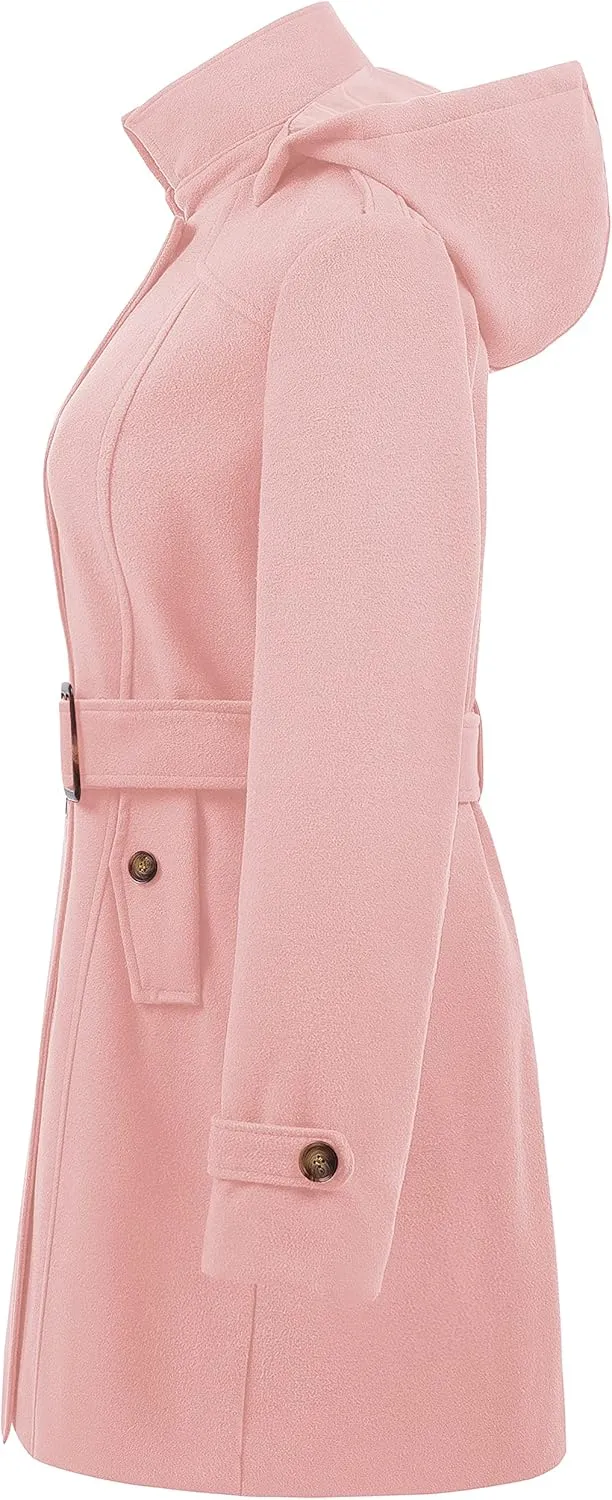Chrisuno Women's Double Breasted Pea Coat Hooded Long Winter Trench Coat
