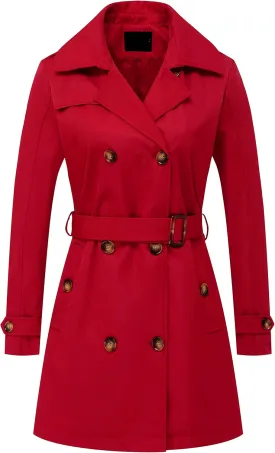 Chrisuno Women's Double Breasted Trench Coats Mid-Length Belted Overcoat Long Dress Jacket with Detachable Hood