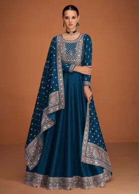 Desirable Sapphire Blue Silk Embroidered Party Wear Anarkali