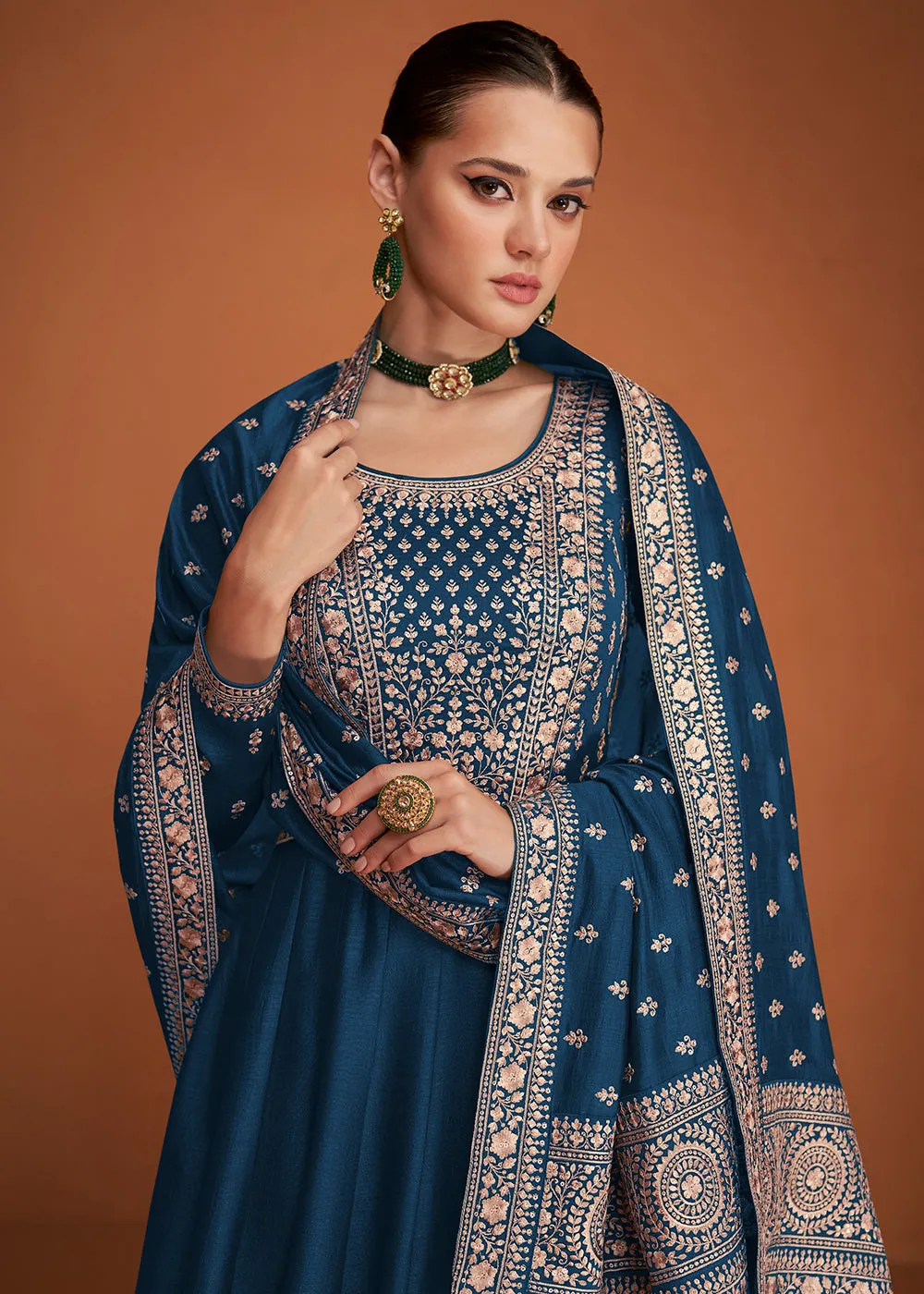 Desirable Sapphire Blue Silk Embroidered Party Wear Anarkali