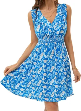 DIRASS Women's Rayon Dresses with Pockets Empire Waist Ruffle Sleeveless Mini Sundresses