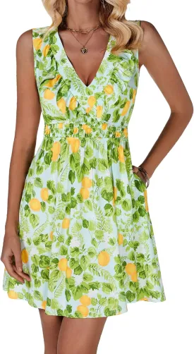 DIRASS Women's Rayon Dresses with Pockets Empire Waist Ruffle Sleeveless Mini Sundresses
