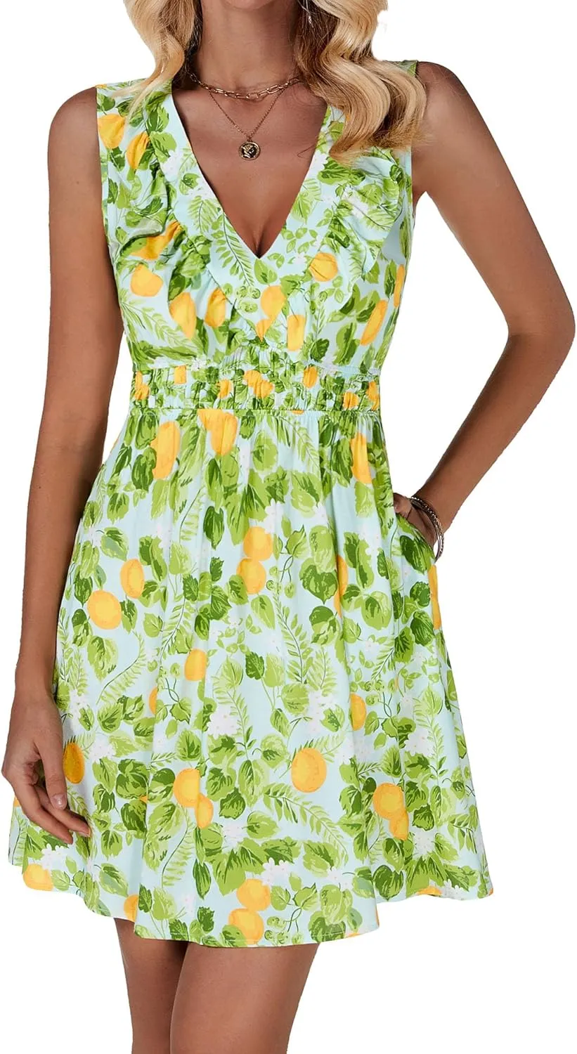 DIRASS Women's Rayon Dresses with Pockets Empire Waist Ruffle Sleeveless Mini Sundresses