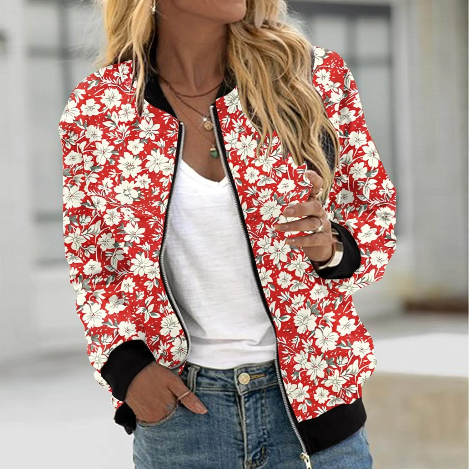 Firzero Fall Jackets for Women 2024 Full Zip Bomber Jacket Lightweight Fall Winter Coats Long Sleeve Oversized Windbreaker