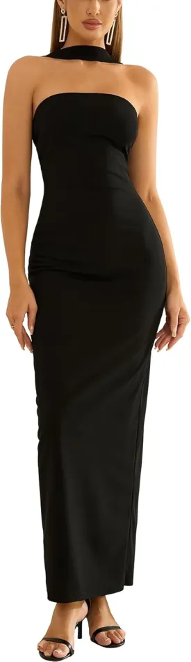 HTZMO Women Elegant Summer Bodycon Maxi Dress Halter Neck Formal Wedding Guest Cocktail Party Long Dresses