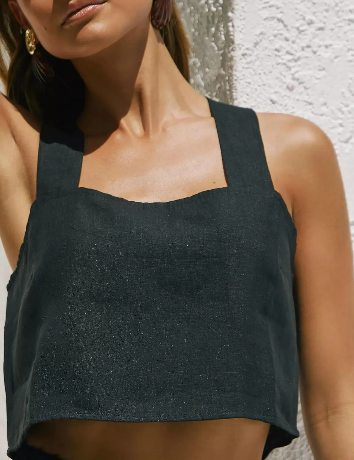 IDEALSANXUN Womens Linen Crop Tank Tops Summer Cute Sleeveless Square Neck Loose Fit Shirts Blouses