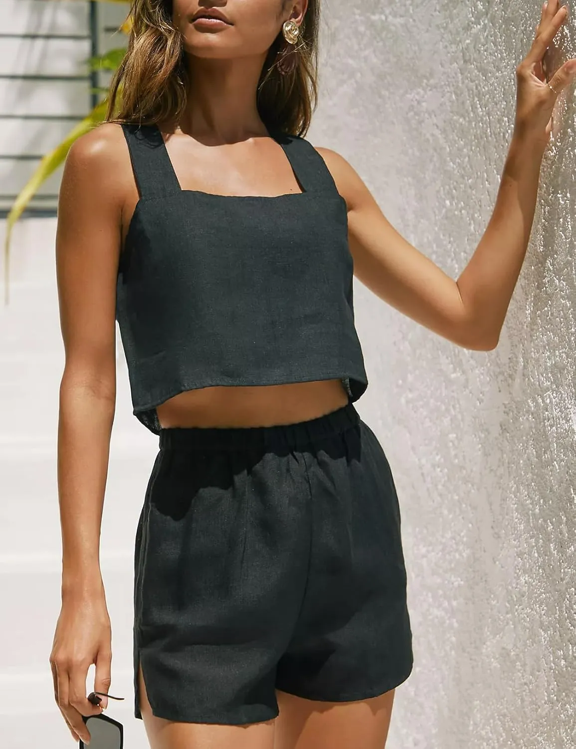 IDEALSANXUN Womens Linen Crop Tank Tops Summer Cute Sleeveless Square Neck Loose Fit Shirts Blouses