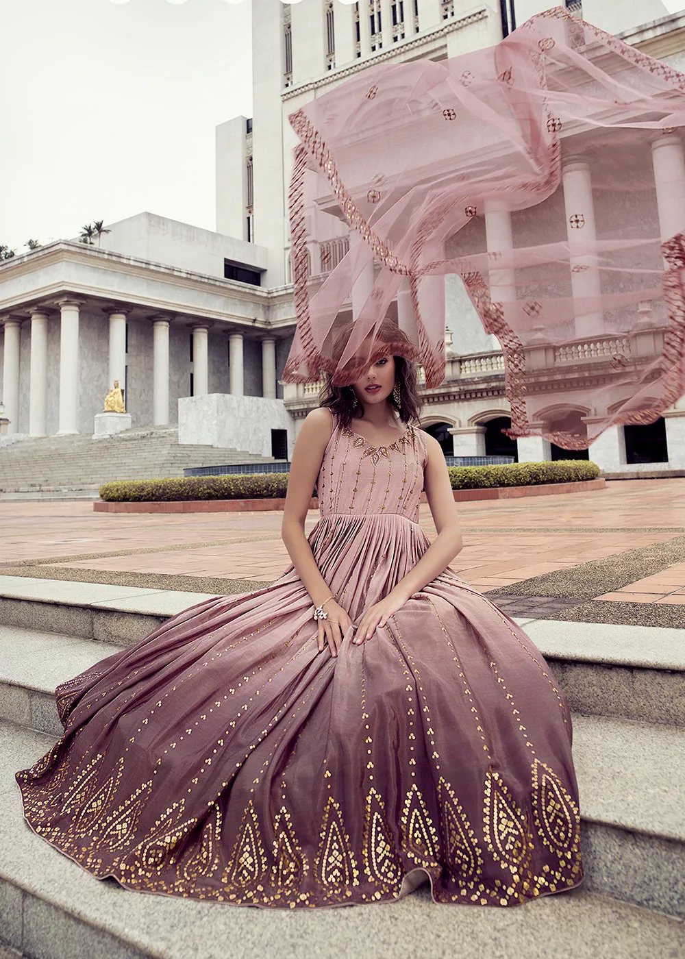 Irresistible Dusty Pink Chinon Reception Wear Gown