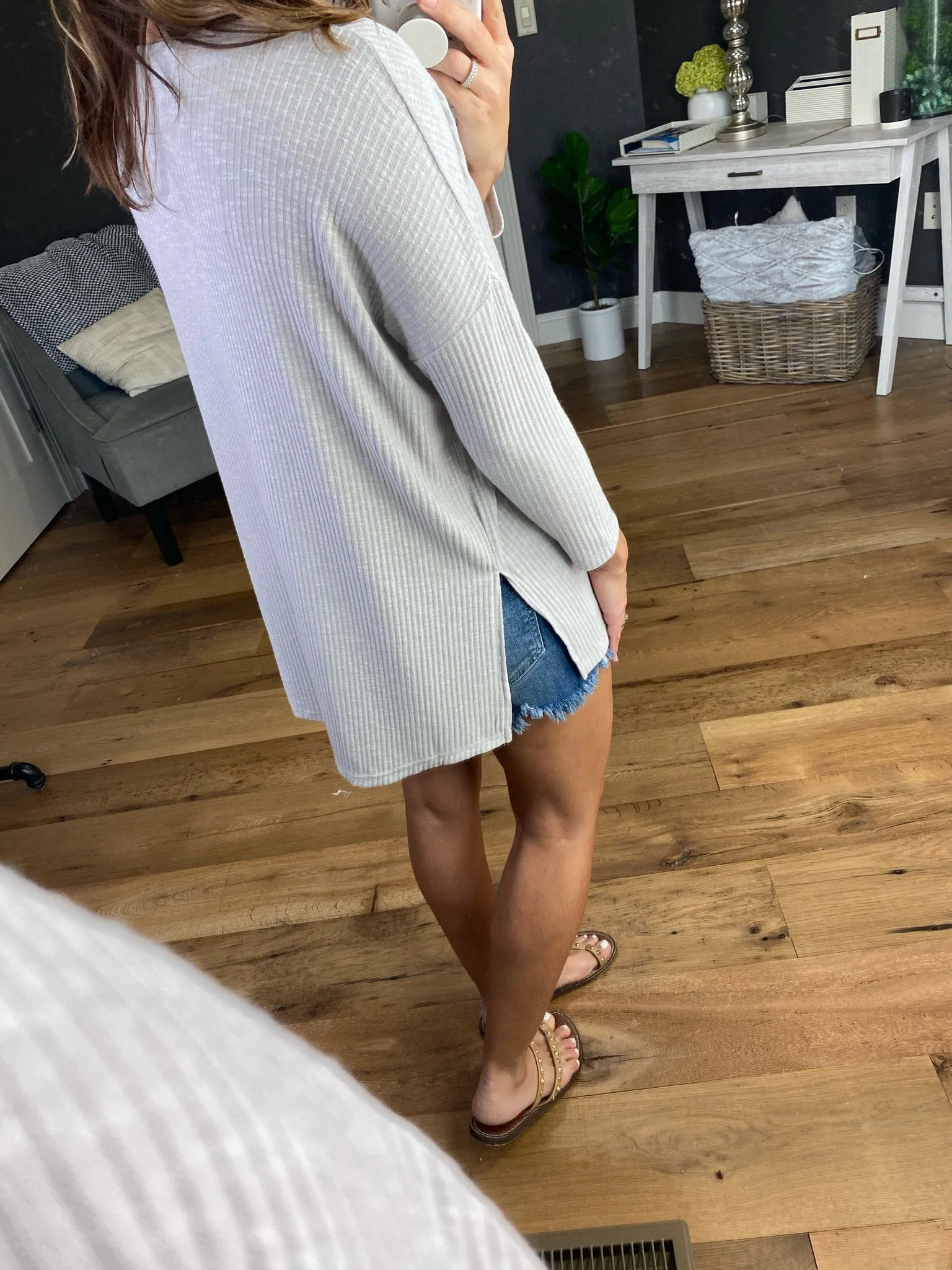 Love Your Memory 3/4 Sleeve Light Grey Ribbed V-Neck Button Down