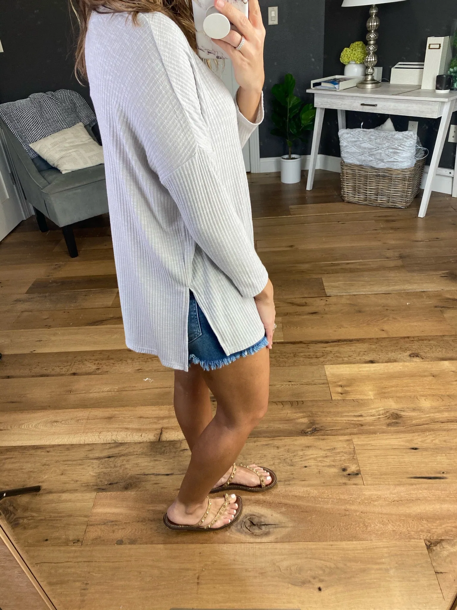 Love Your Memory 3/4 Sleeve Light Grey Ribbed V-Neck Button Down