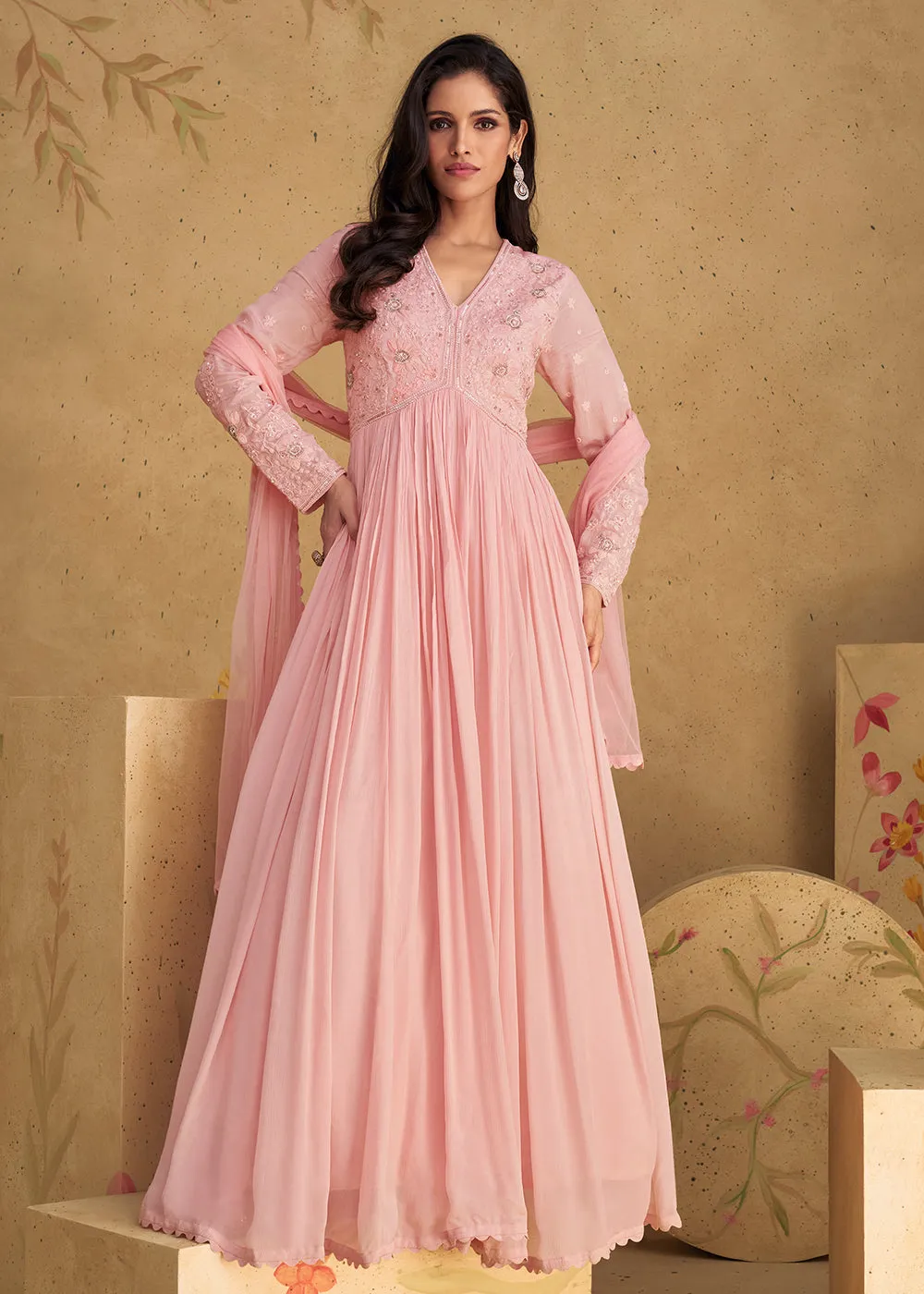 Lovely Embroidered Pink Wedding Party Anarkali Gown