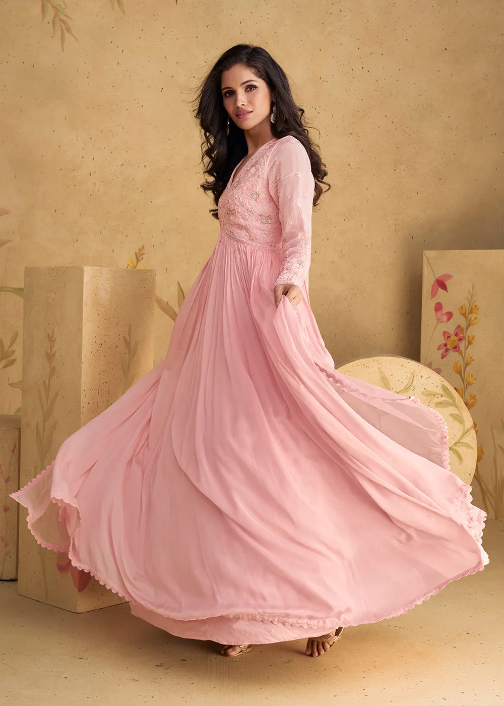 Lovely Embroidered Pink Wedding Party Anarkali Gown