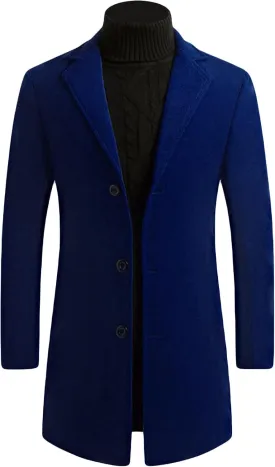 Maiyifu-GJ Mens Wool Blend Trench Coat Mid-Length Notched Collar Long Top Pea Coats Business Single Breasted Jacket Overcoat