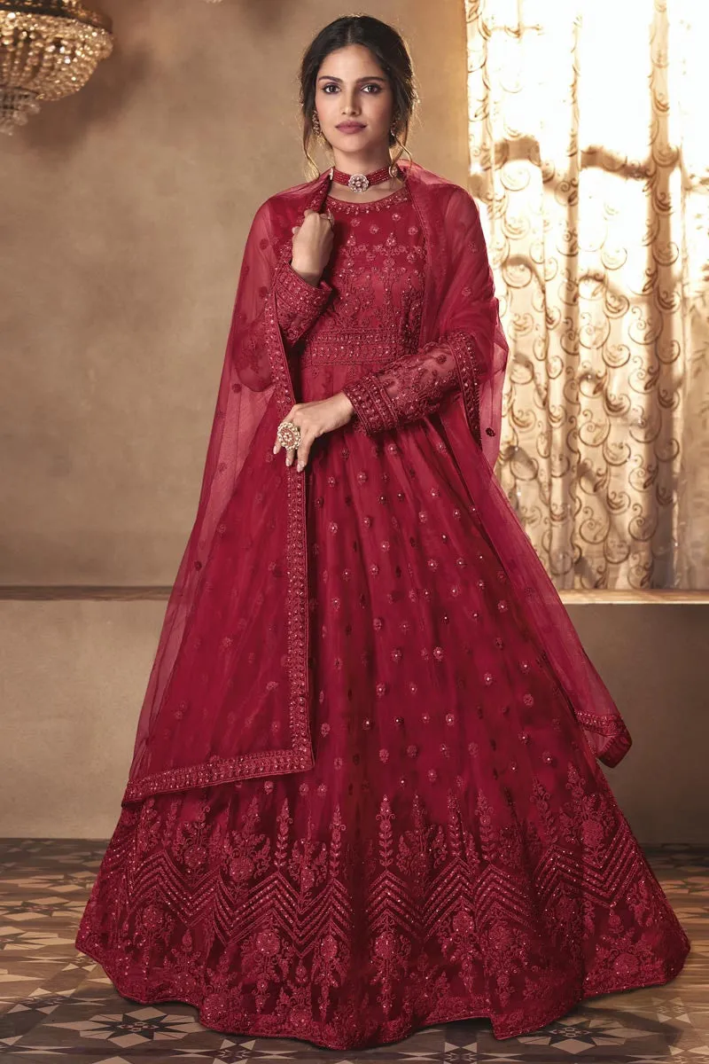 Majestic Red Wedding Thread Embroidered Anarkali Suit