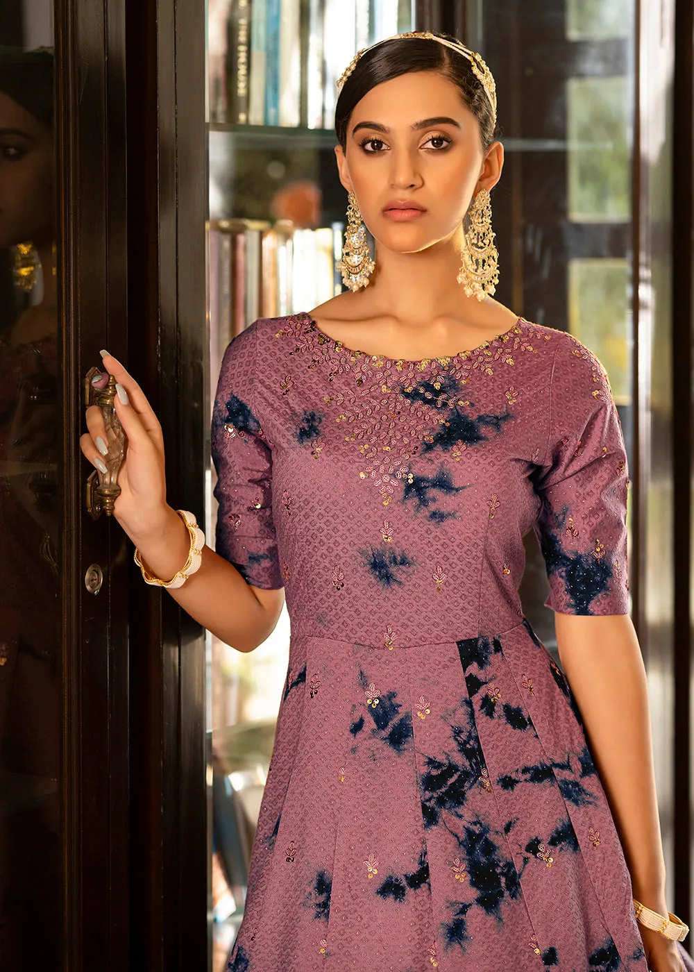 Mauve Shibori Print Embroidered Floor Length Cotton Gown