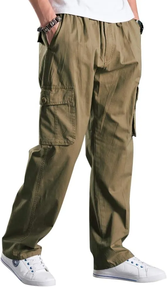 Men's Elastic Waist Cargo Pants,Casual Loose Fit Lightweight Workwear Pull On Pants
