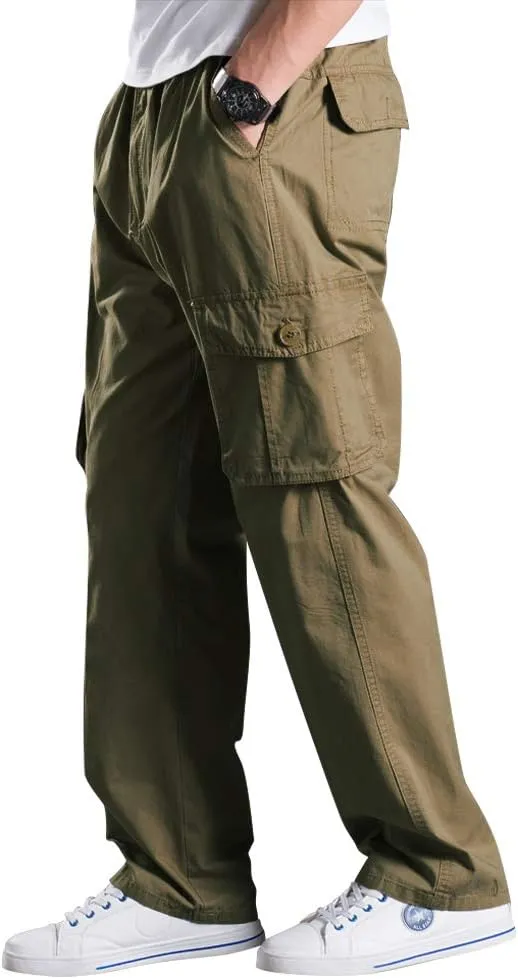 Men's Elastic Waist Cargo Pants,Casual Loose Fit Lightweight Workwear Pull On Pants