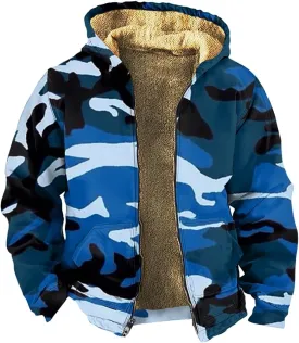 Mens Winter Camo Jacket Thickened Vintage Fashion Casual Padded Graphic Long Sleeve Warm Camo Coats