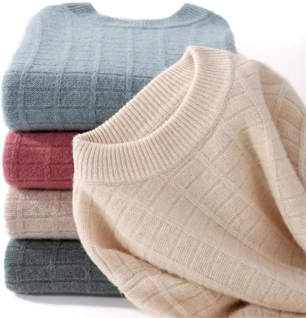 Men's Wool Sweater Thick Warm O-Neck Pullover Jumper Soft Casual Classic Plaid Dress Sweaters