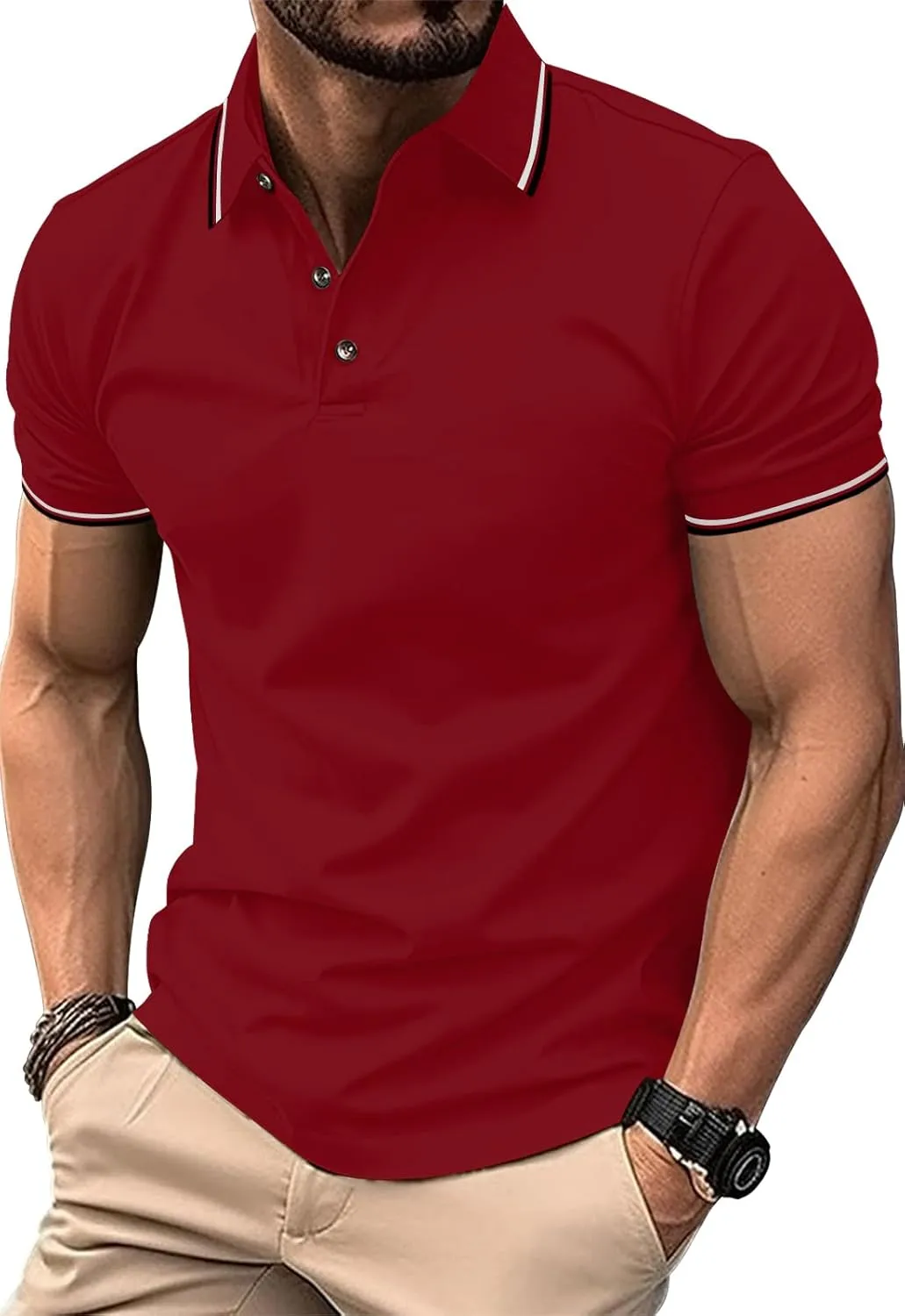 MLANM Men's Polo Regular-Fit Quick-Dry Golf Striped Short Sleeve Collared T-Shirts