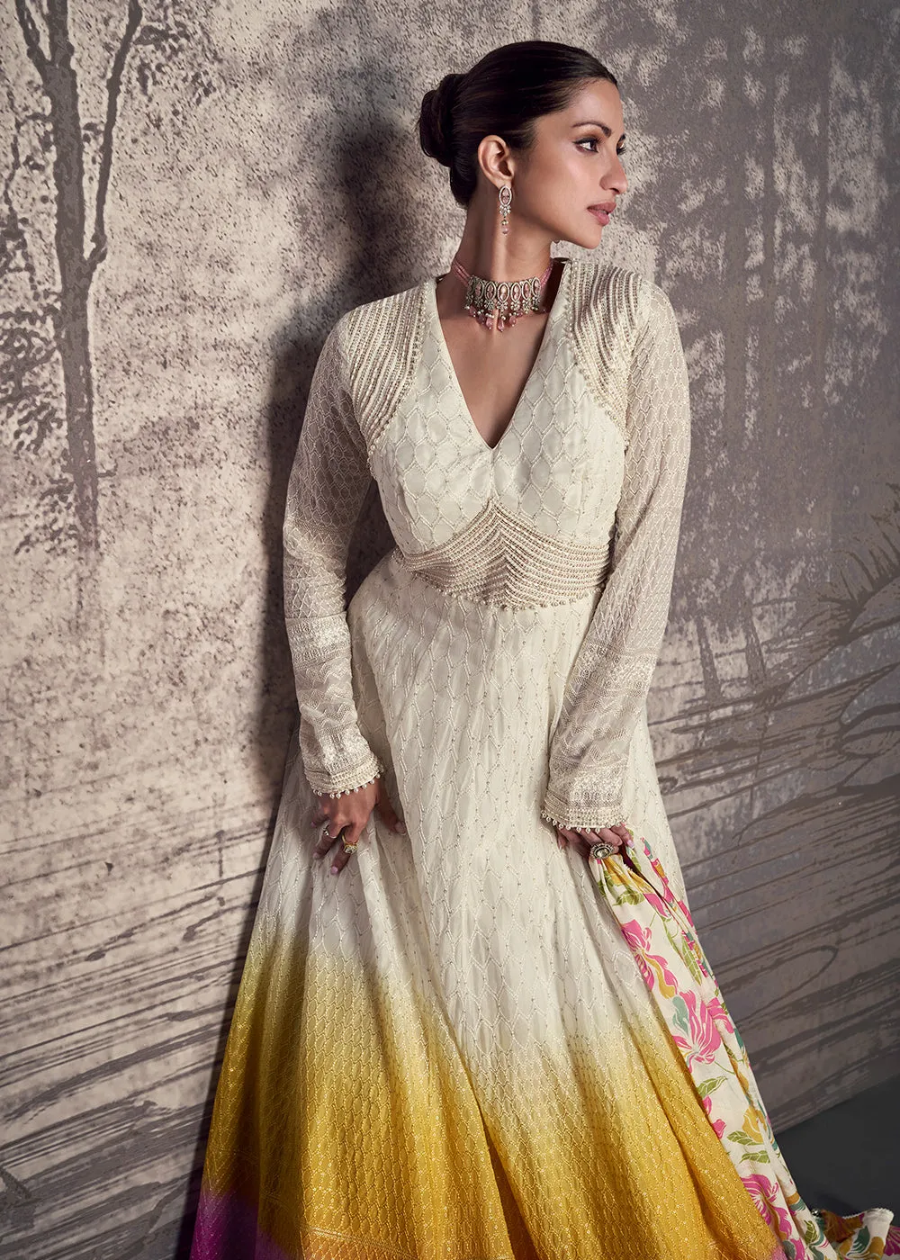 Multicolor Lucknowi Style Wedding Festive Anarkali Gown