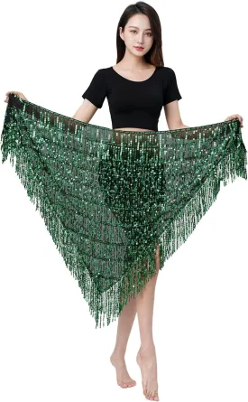 MUNAFIE Hip Scarf for Belly Dance Folk Dance Halloween Costume Tribal Dance Skirt with Sequin Tassel