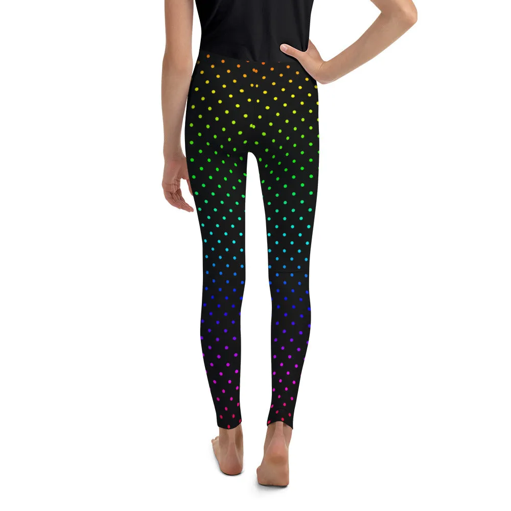 Rainbow Dots Youth Leggings, Black Polka Dots Cute Tights Workout Pants- Made in USA/EU