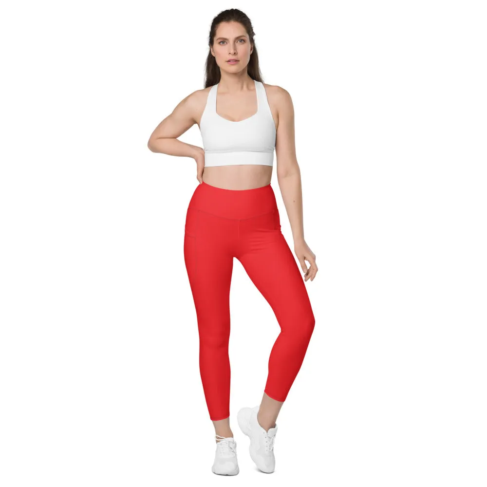 Red Women's Tights, Solid Color Best Yoga Pants With 2 Side Deep Long Pockets - Made in USA/EU/MX (US Size: 2XS-6XL)