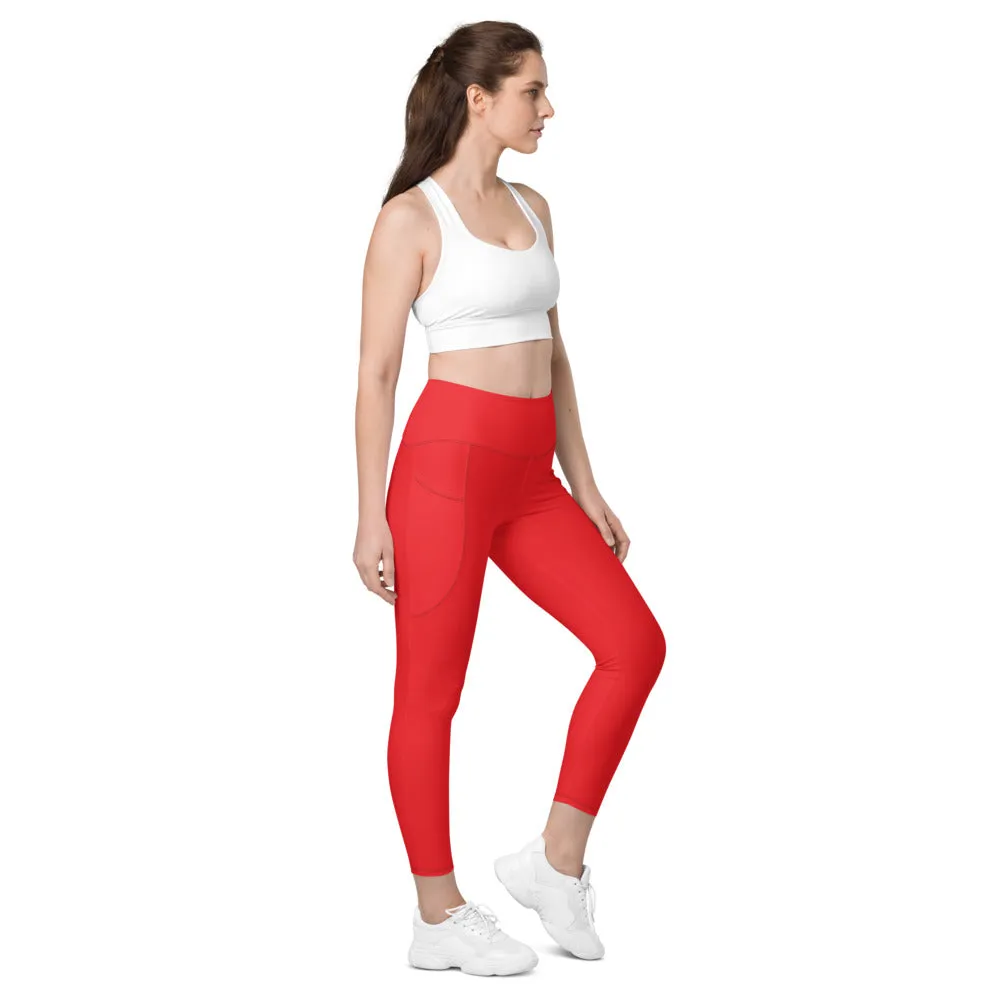Red Women's Tights, Solid Color Best Yoga Pants With 2 Side Deep Long Pockets - Made in USA/EU/MX (US Size: 2XS-6XL)