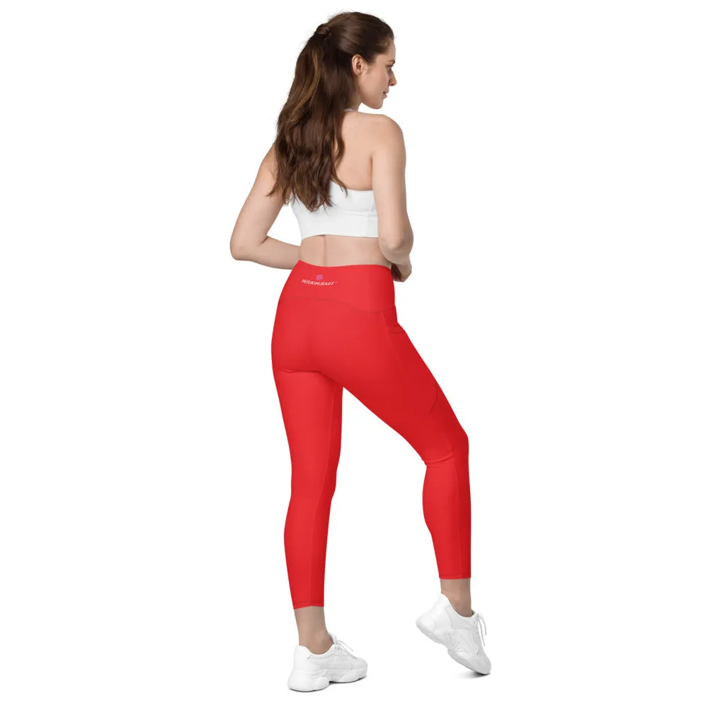 Red Women's Tights, Solid Color Best Yoga Pants With 2 Side Deep Long Pockets - Made in USA/EU/MX (US Size: 2XS-6XL)
